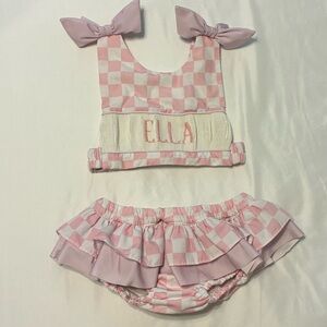 ‘Ella’ Pink Check Girls' Swim Bikini Set with Ruffle Bottom